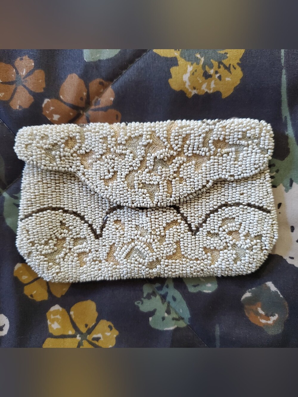 Vintage Glass Seed Beed Cream Envelope Clutch Made In Belguim